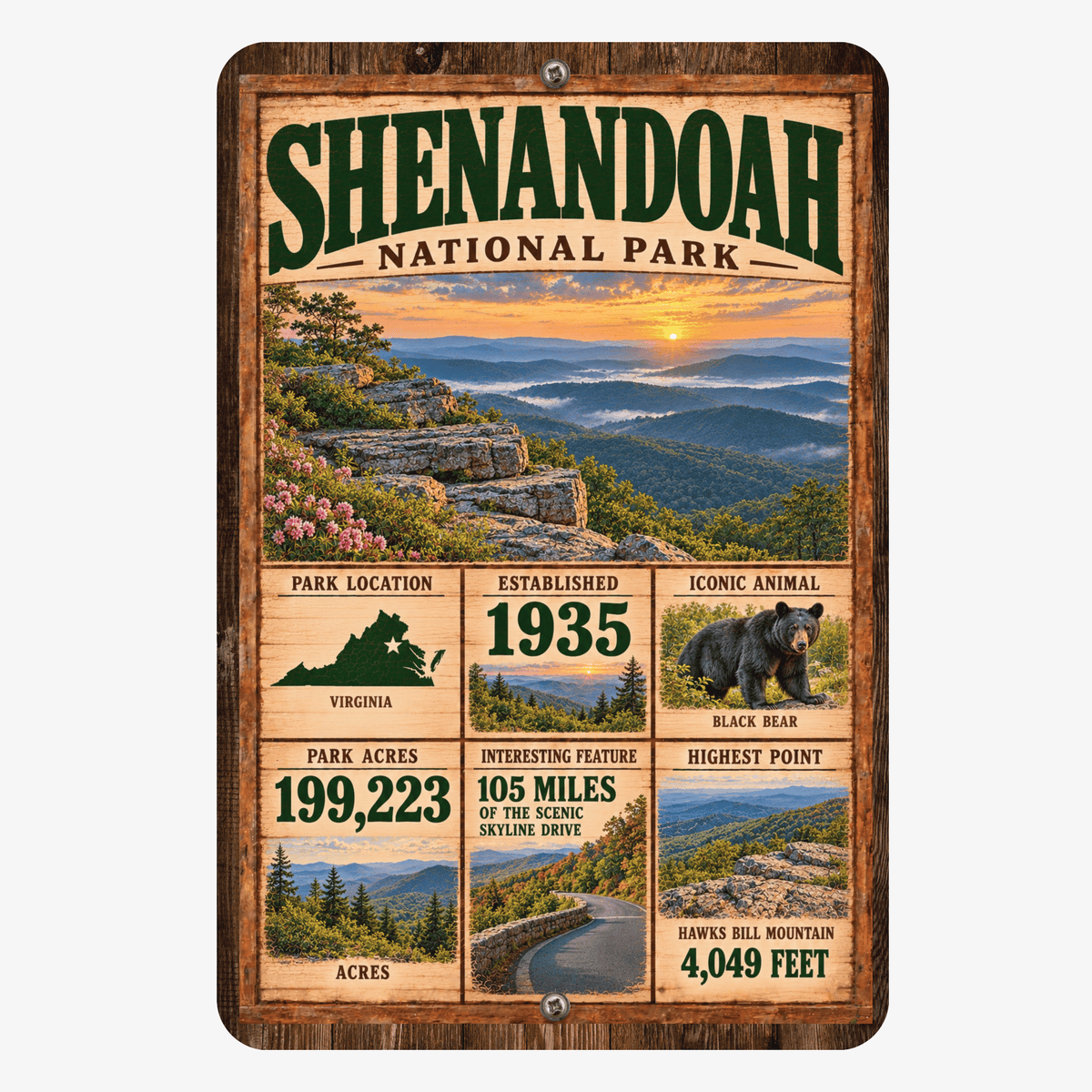 Shenandoah National Park facts aluminum sign with Blue Ridge sunset, Skyline Drive and black bear