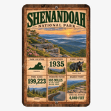 Shenandoah National Park facts aluminum sign with Blue Ridge sunset, Skyline Drive and black bear