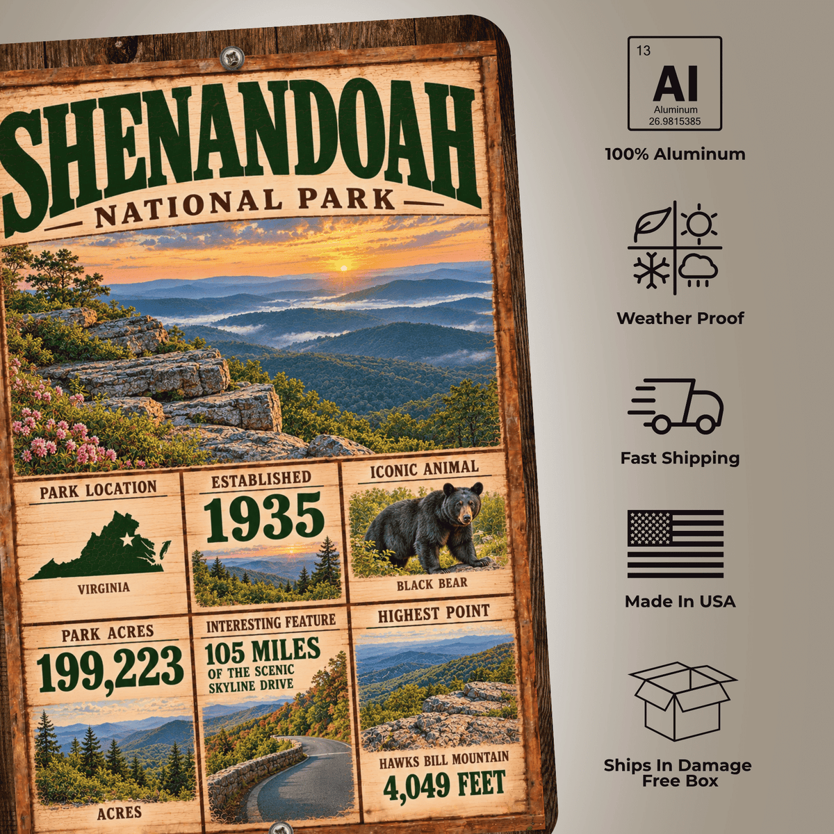 Shenandoah National Park sign features including aluminum, weather resistance and made in USA
