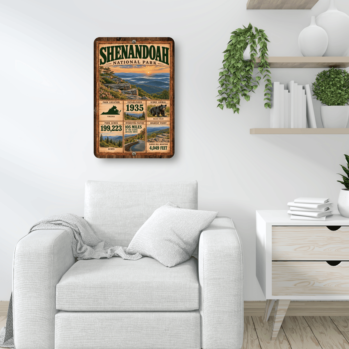 Shenandoah National Park facts aluminum sign displayed in a living room