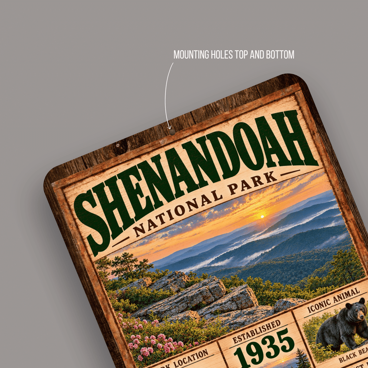 Close-up of rounded corners and predrilled mounting holes on Shenandoah National Park sign