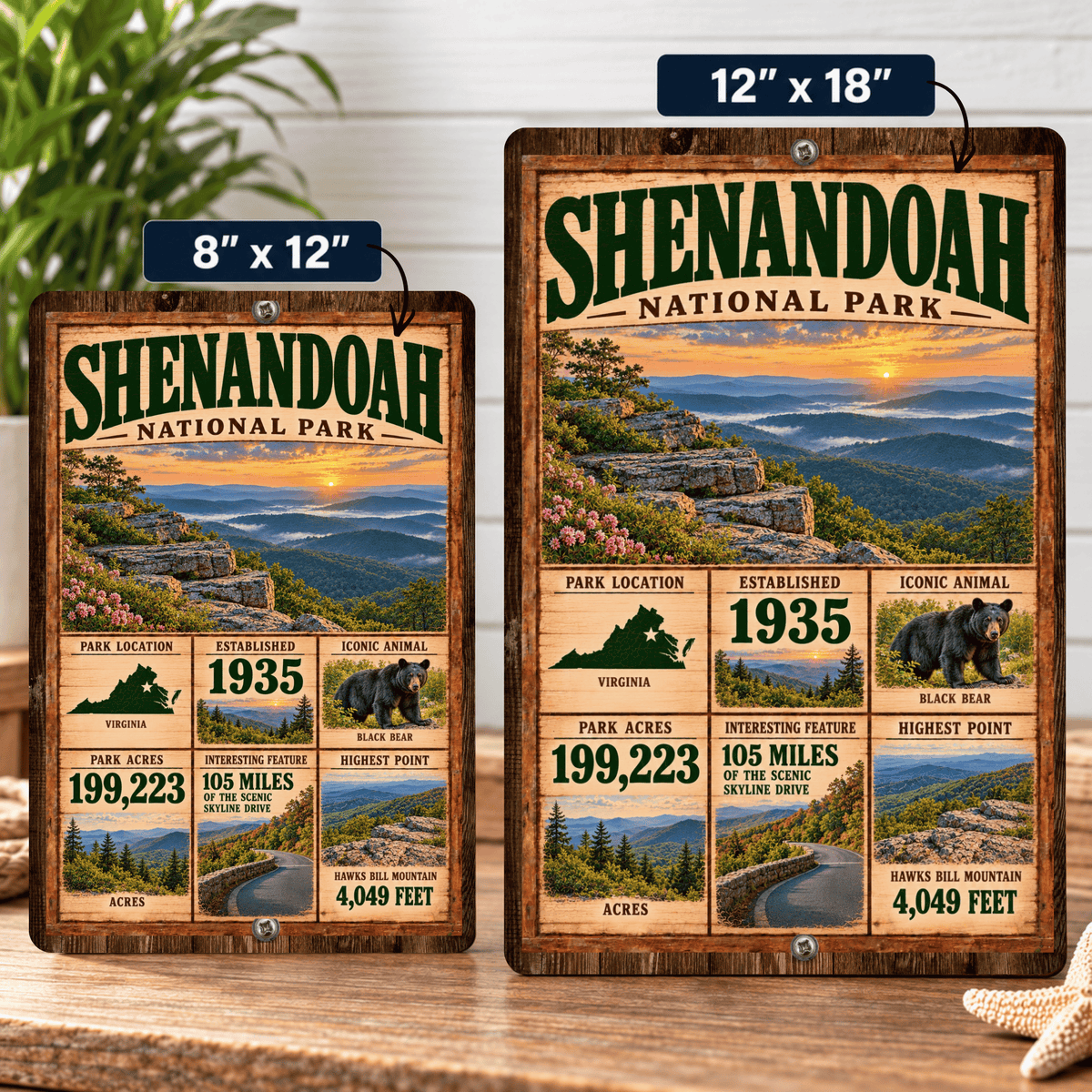 Shenandoah National Park facts sign shown in 8 by 12 and 12 by 18 inch sizes