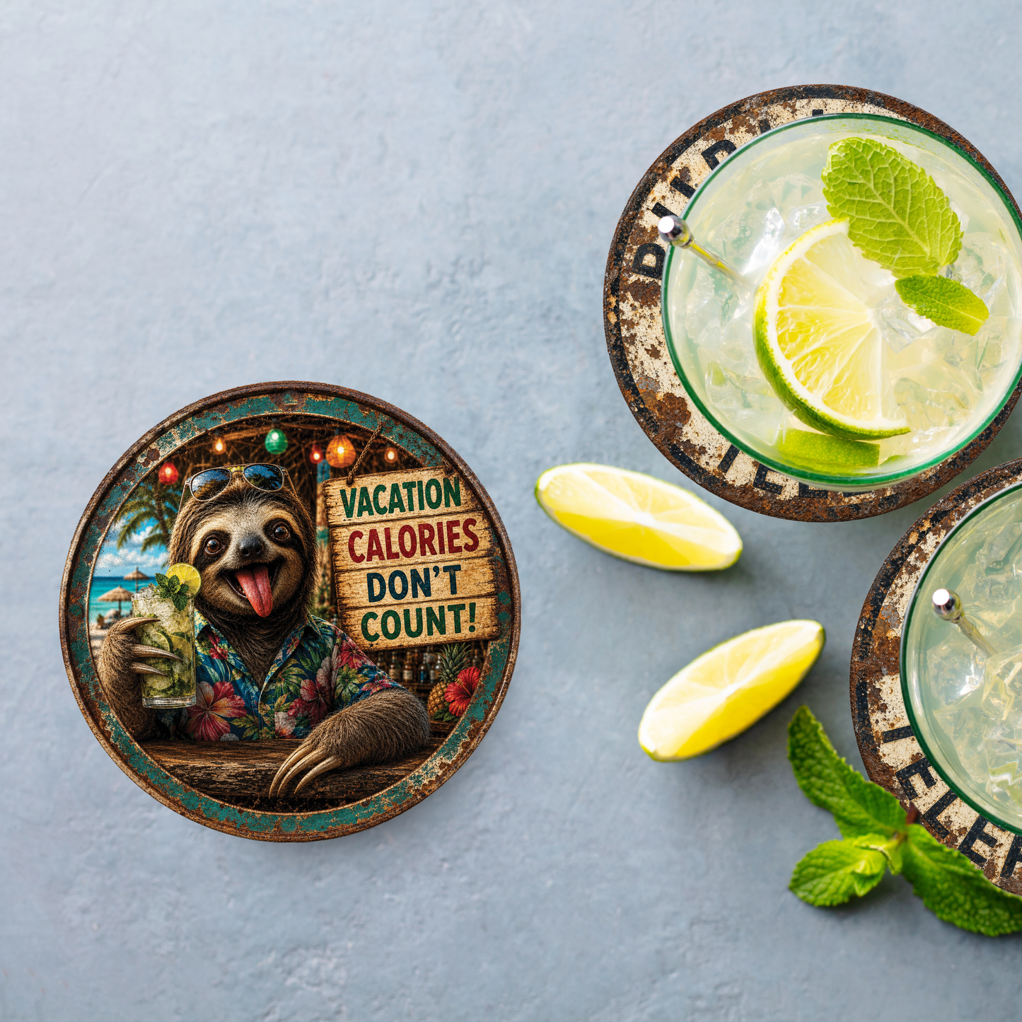 Funny Vacation Sloth Ceramic Coasters – 4-Inch Round Drink Coasters
