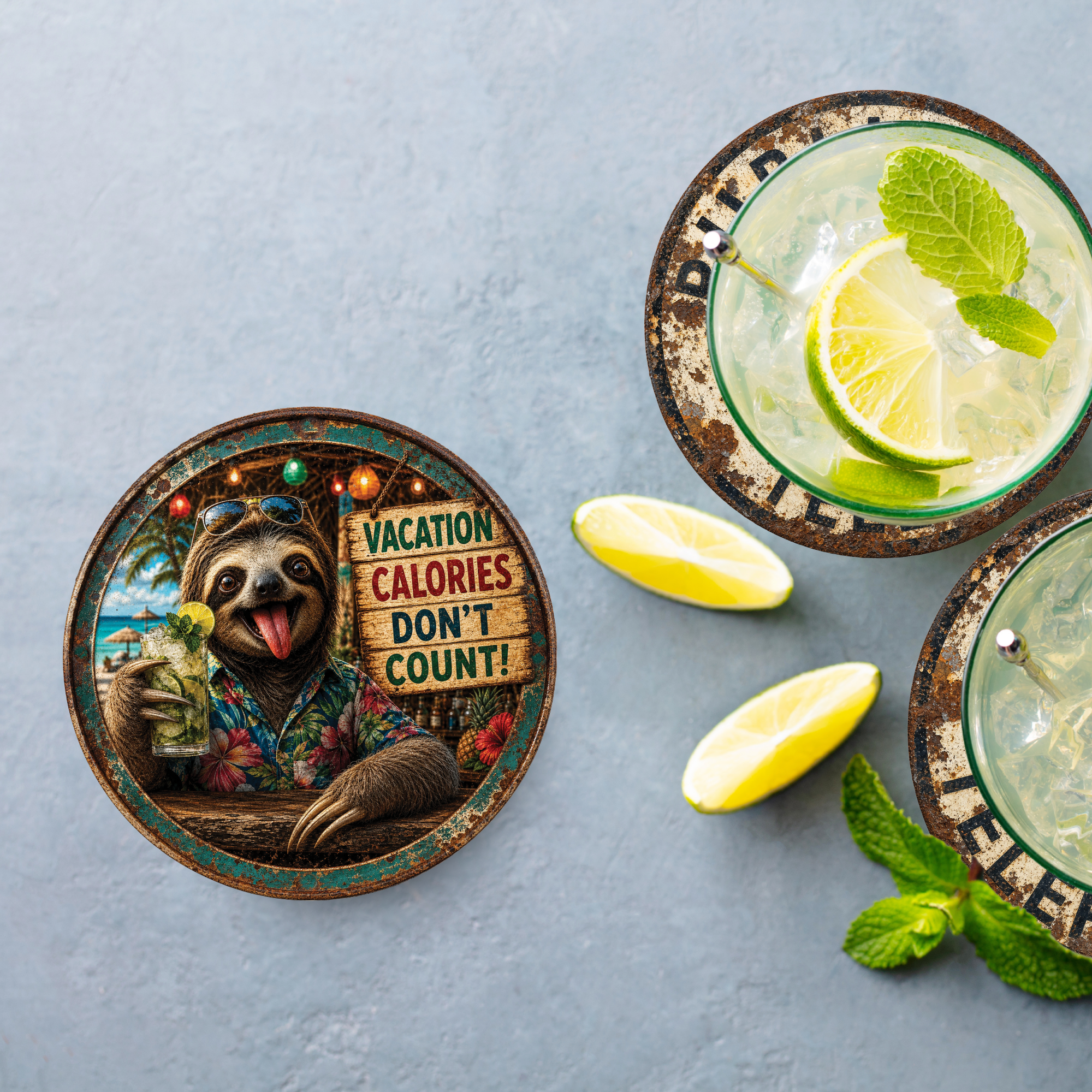Funny Vacation Sloth Ceramic Coasters – 4-Inch Round Drink Coasters