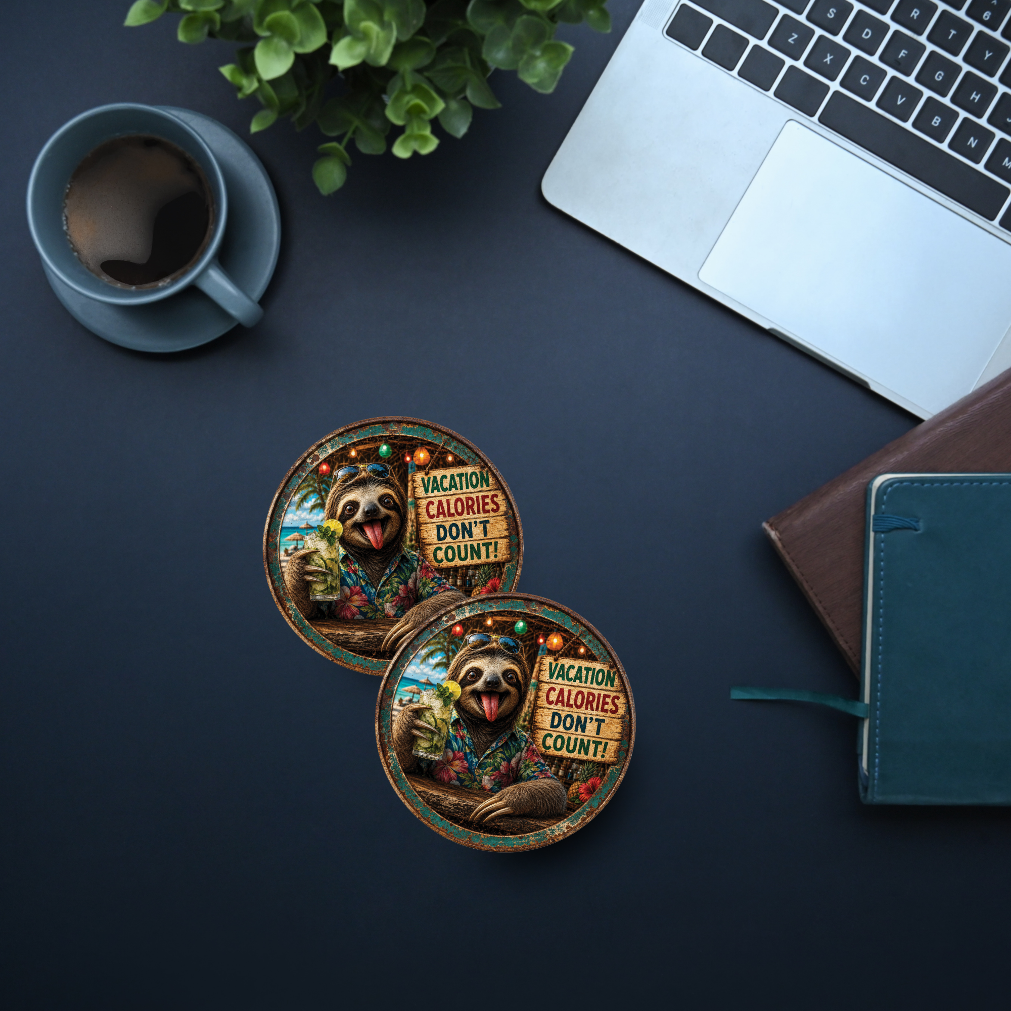 Funny Vacation Sloth Ceramic Coasters – 4-Inch Round Drink Coasters