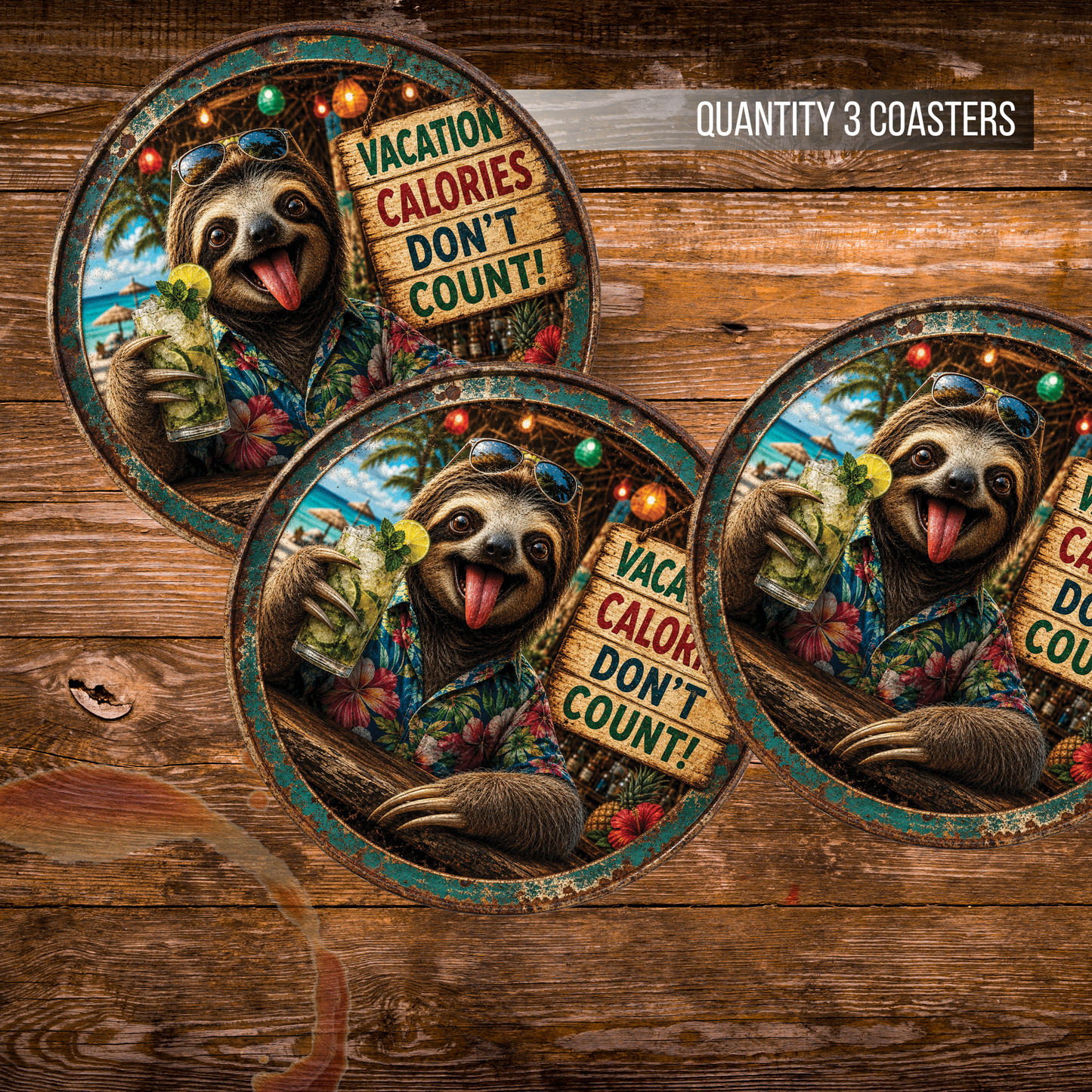 Funny Vacation Sloth Ceramic Coasters – 4-Inch Round Drink Coasters