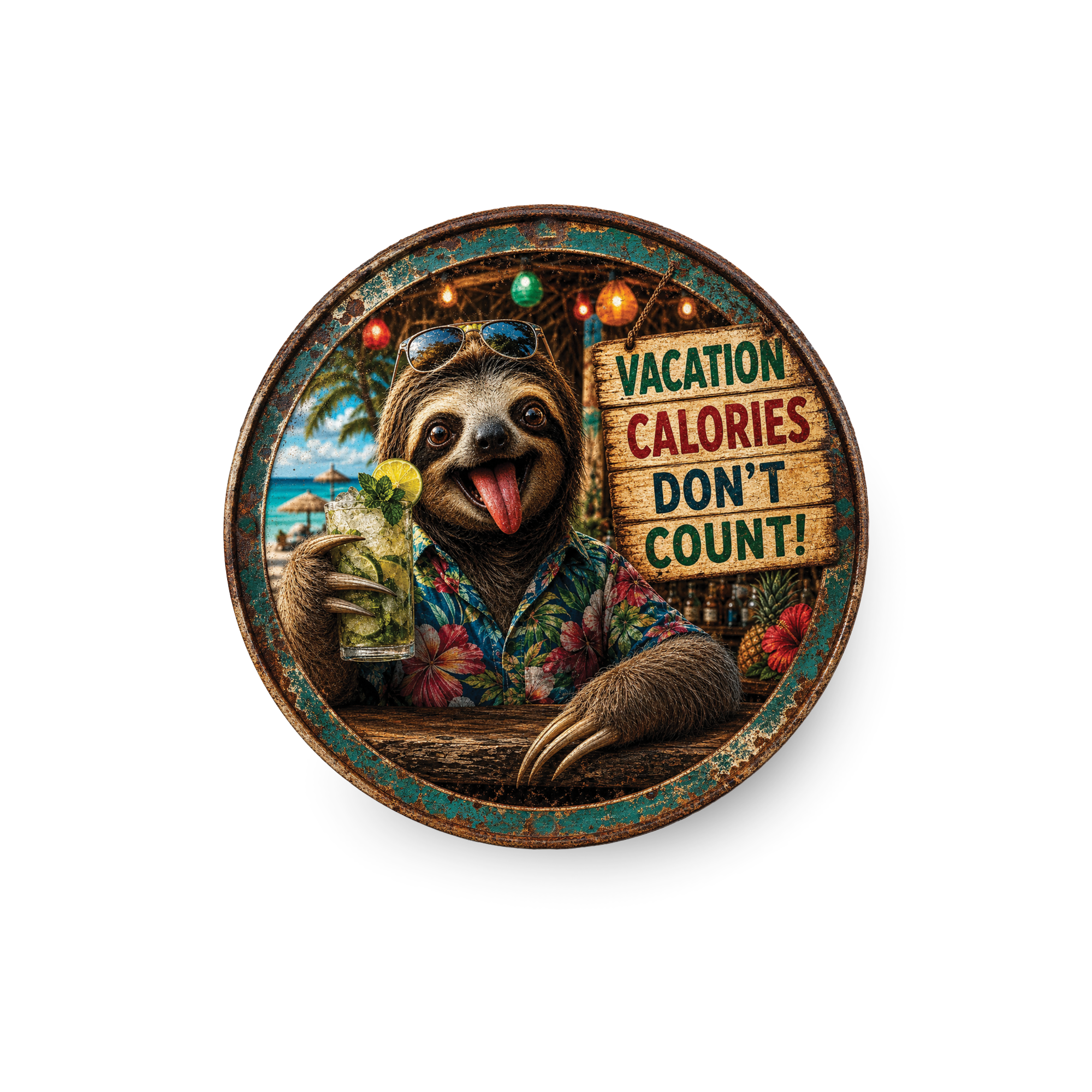 Funny Vacation Sloth Magnet – 3-Inch Round Tropical Décor