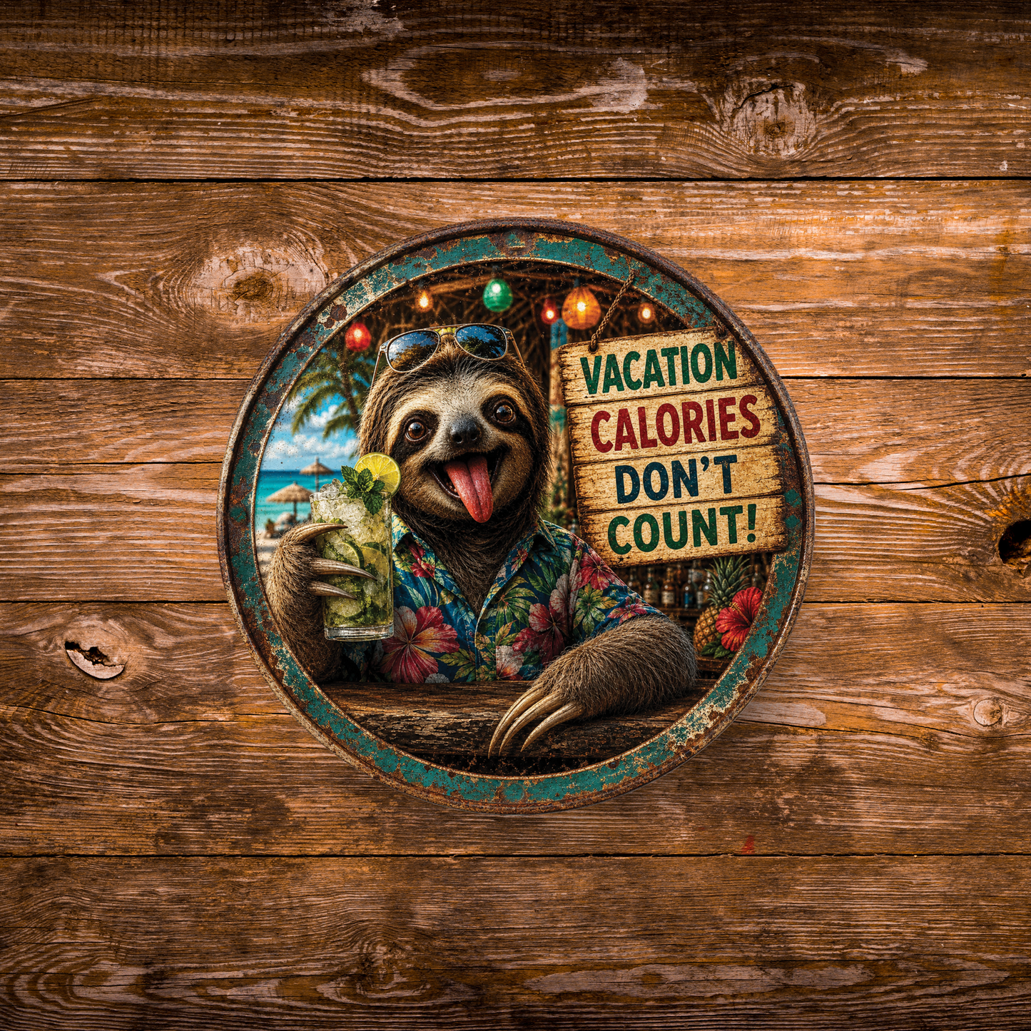 Funny Vacation Sloth Magnet – 3-Inch Round Tropical Décor