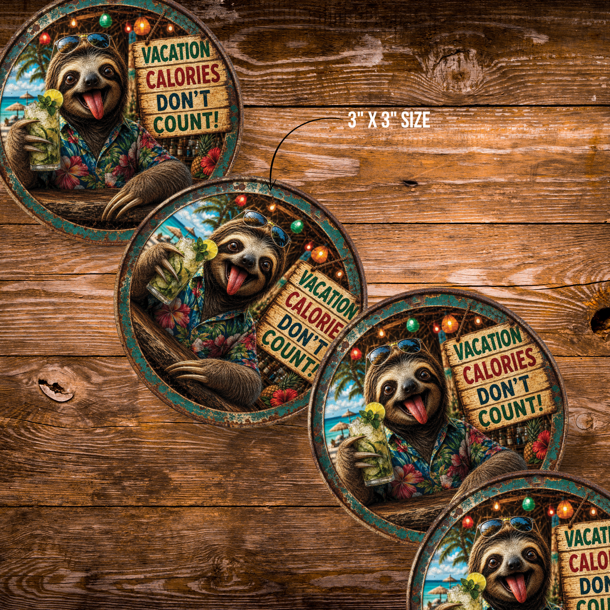 Funny Vacation Sloth Magnet – 3-Inch Round Tropical Décor