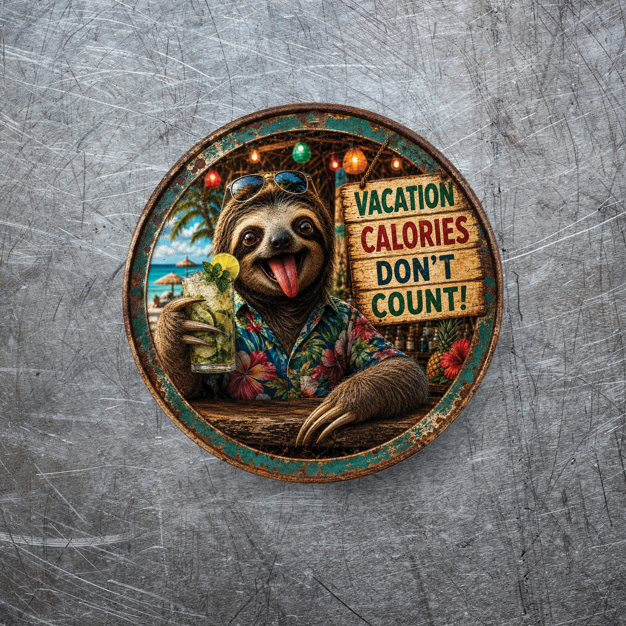 Funny Vacation Sloth Magnet – 3-Inch Round Tropical Décor