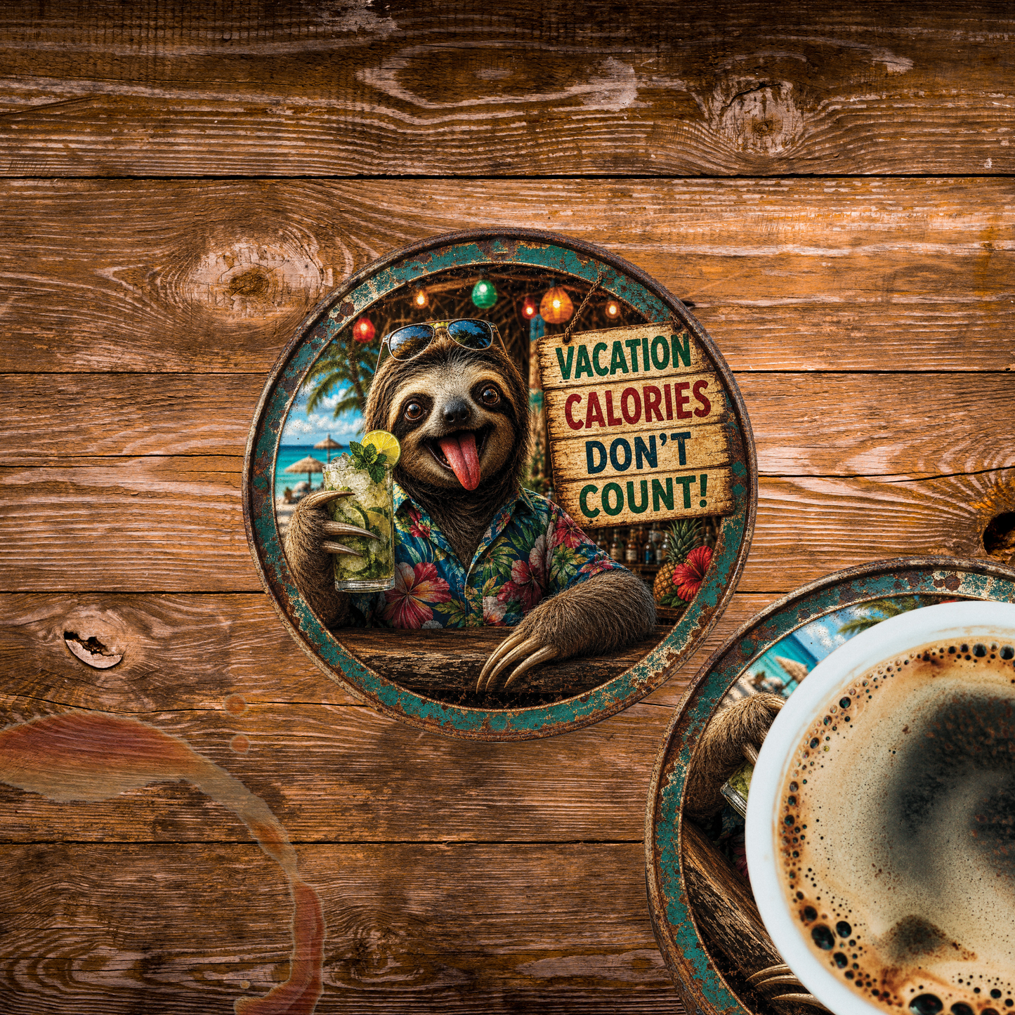 Funny Vacation Sloth Ceramic Coasters – 4-Inch Round Drink Coasters