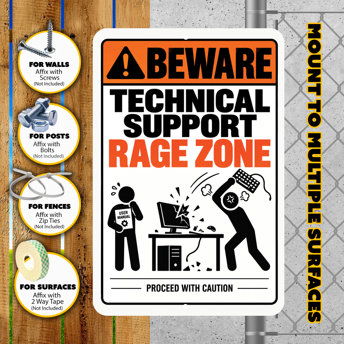 Beware Technical Support Rage Zone Sign – Funny IT Office Aluminum Sign