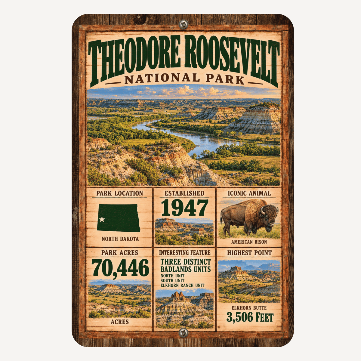 Theodore Roosevelt National Park facts aluminum sign with North Dakota badlands, river and American bison