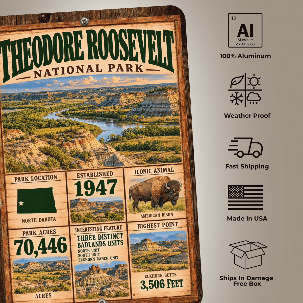 Theodore Roosevelt National Park sign features including aluminum, weather resistance and made in USA