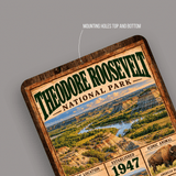 Close-up of rounded corners and predrilled mounting holes on Theodore Roosevelt National Park sign