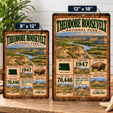 Theodore Roosevelt National Park facts sign shown in 8 by 12 and 12 by 18 inch sizes