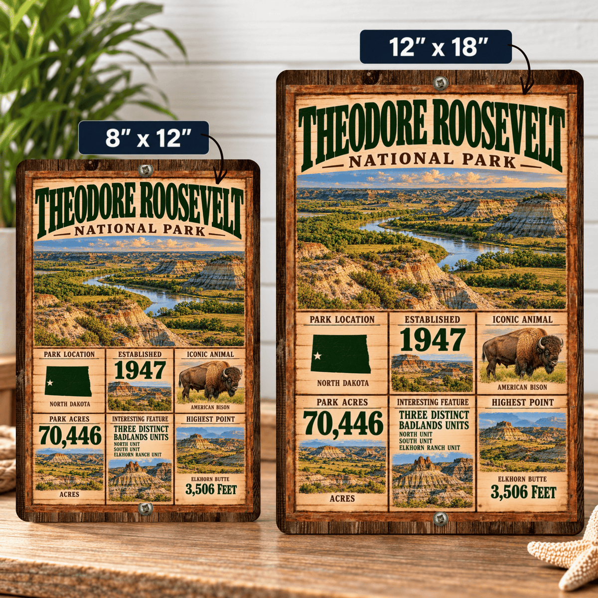 Theodore Roosevelt National Park facts sign shown in 8 by 12 and 12 by 18 inch sizes