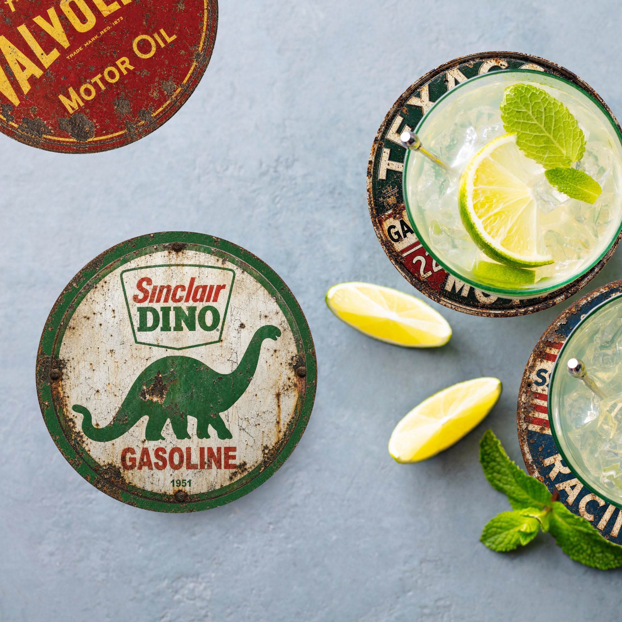 Vintage Gas and Motor Oil Ceramic Coaster Set – Four 4-Inch Round Coasters
