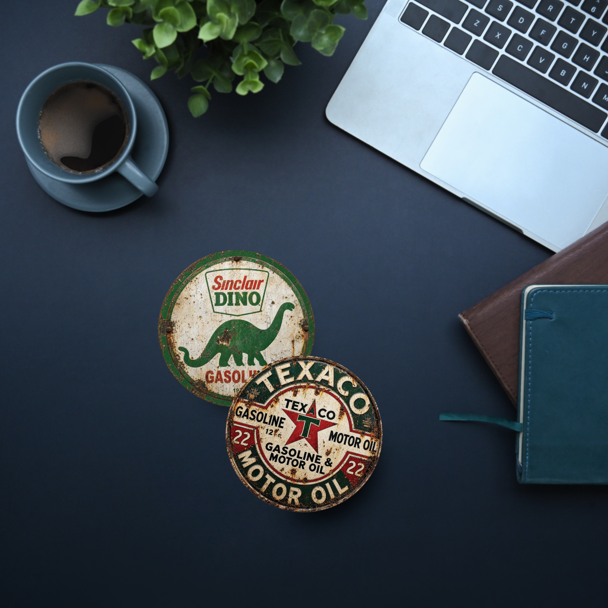 Vintage Gas and Motor Oil Ceramic Coaster Set – Four 4-Inch Round Coasters