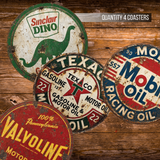 Vintage Gas and Motor Oil Ceramic Coaster Set – Four 4-Inch Round Coasters